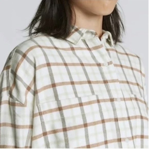 Everlane Boxy Flannel Cream Brown Plaid Button Down Shirt Sz Women's Medium NWT - Picture 2 of 13